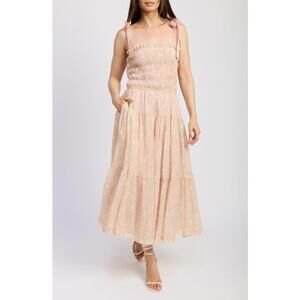 NWT! En Saison Geraldine Smocked Tie Strap Maxi Dress in Natural Pink Size Small